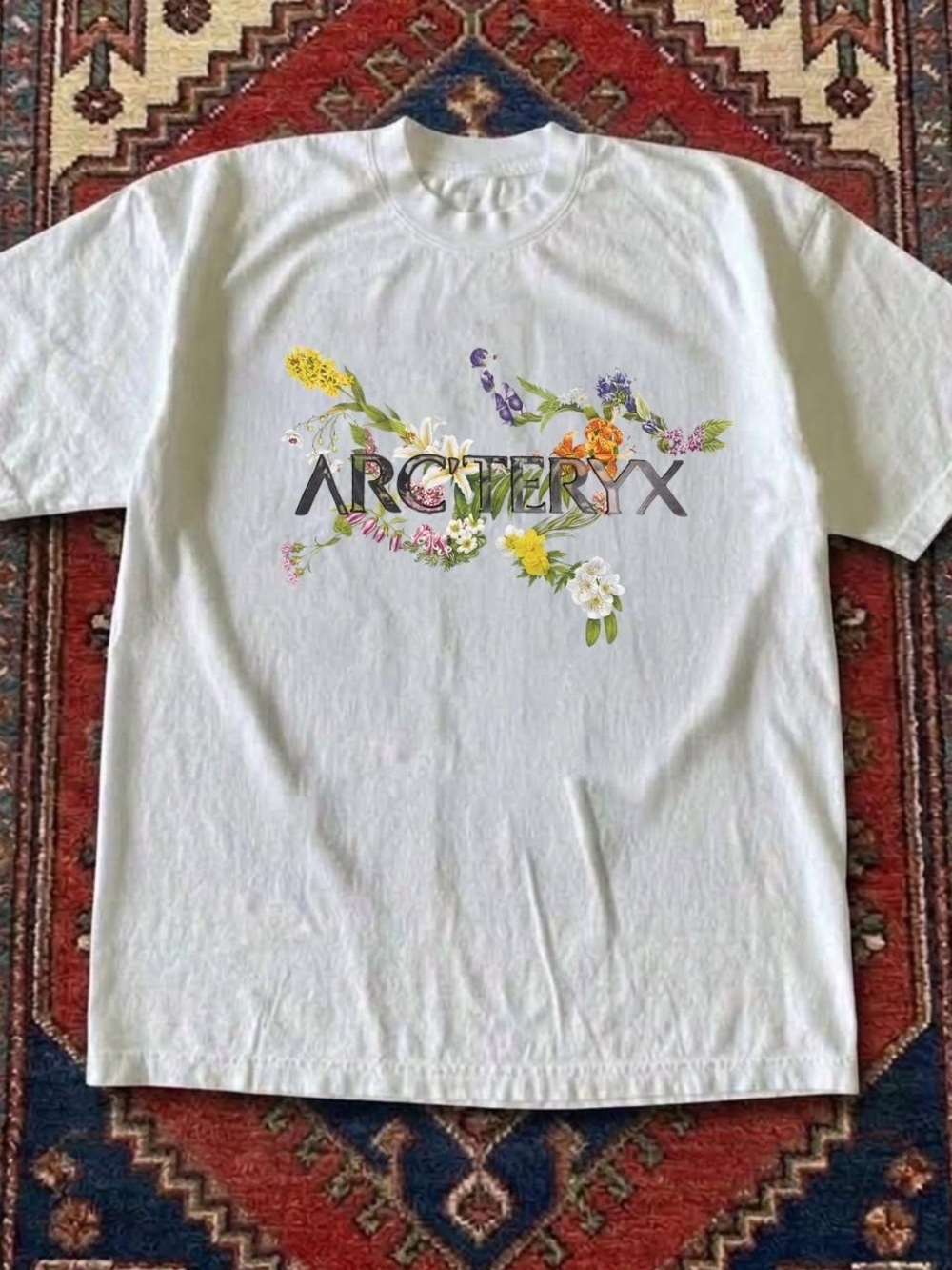 Gildan White Short-Sleeve Tee with Multicolor Floral Logo